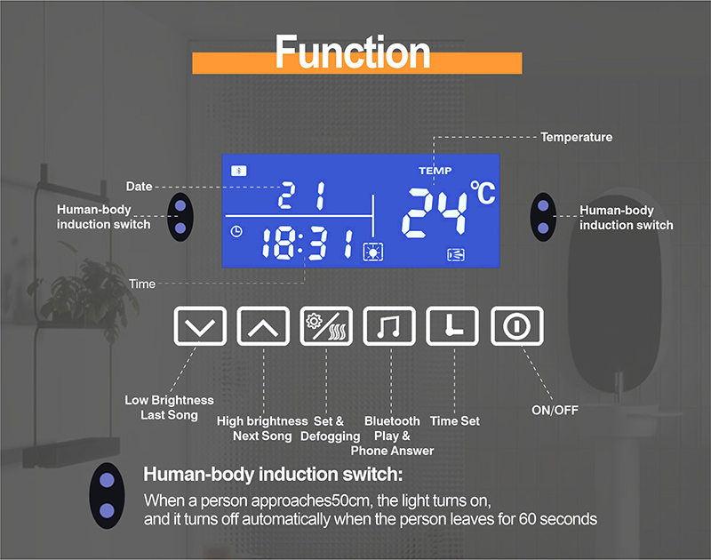 Rectangle Bluetooth Smart Bathroom Makeup Mirror With LED Light