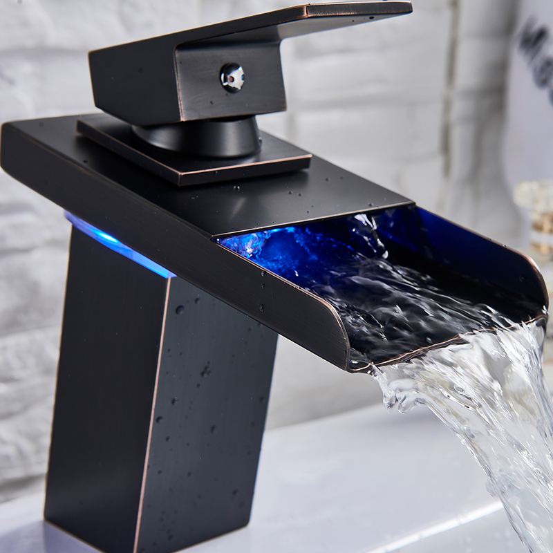 LED Light Waterfall Spout With A Single Handle Basin Faucet Mixer Tap