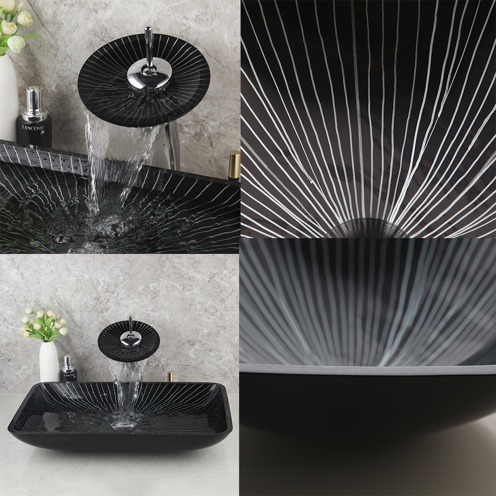 Square Black Bathroom Sink Washbasin Bath Set Faucet Mixer Tap