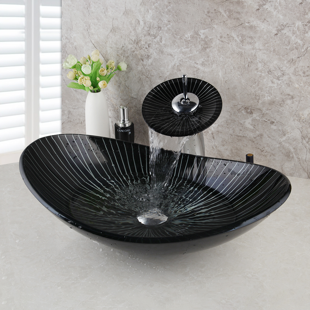 Square Black Bathroom Sink Washbasin Bath Set Faucet Mixer Tap