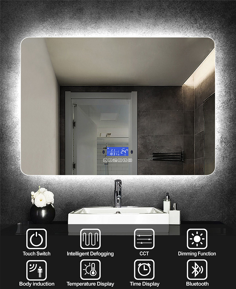 Rectangle Bluetooth Smart Bathroom Makeup Mirror With LED Light