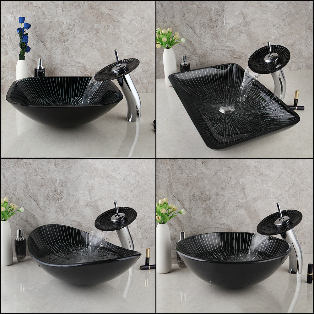 Square Black Bathroom Sink Washbasin Bath Set Faucet Mixer Tap